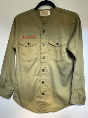 Vintage 1978 BSA Boy Scouts Uniform Shirt Olive Green Long Sleeve Neck 14